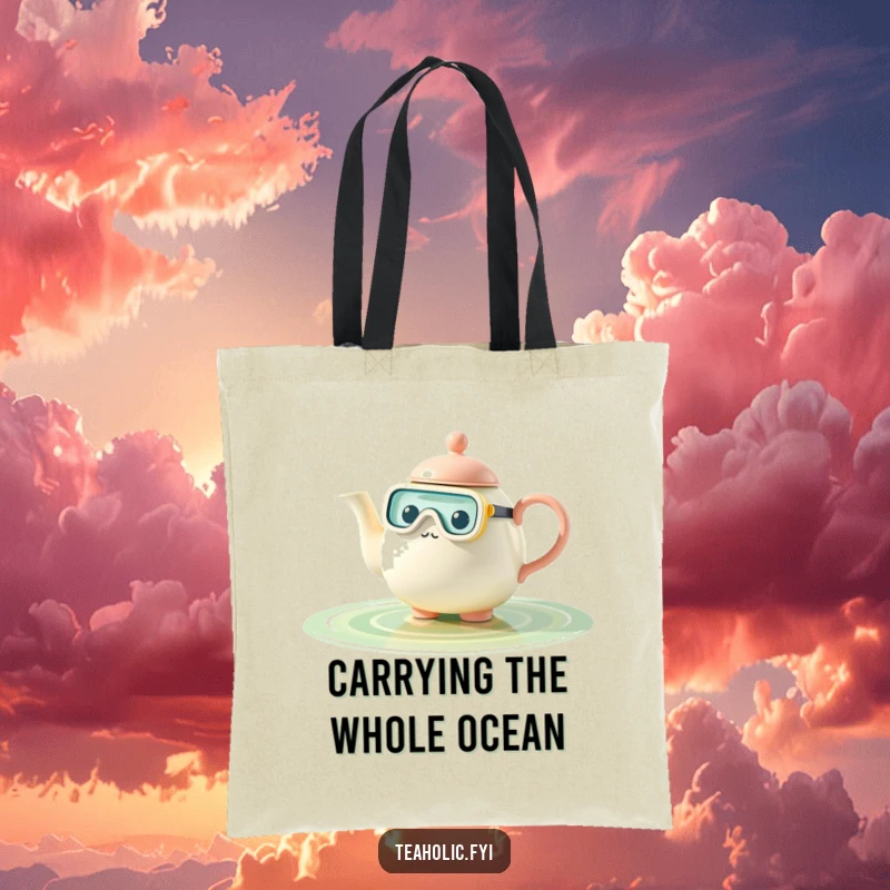 Funny teapot tote bag, character snorkeling in tea pool, convenient and amusing, excellent funny gift.