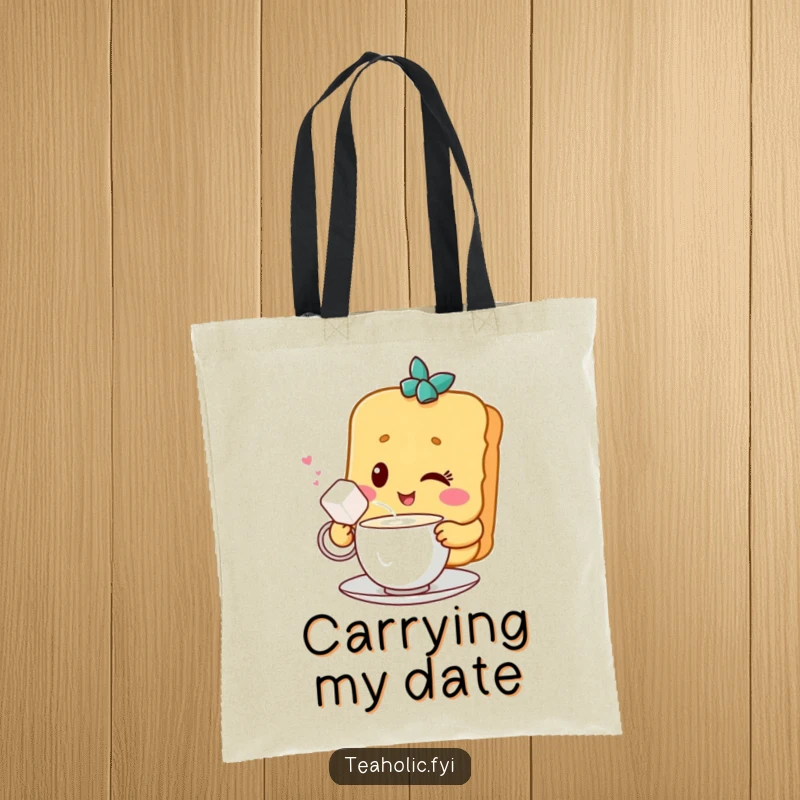 Funny tote bag with a winking biscuit character sharing tea with a sugar cube, a charming and practical accessory for tea lovers.
