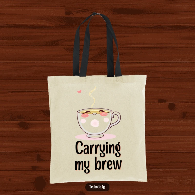 Funny blushing teacup character eagerly sipping from a stream of steaming tea, depicted on a durable tote bag.