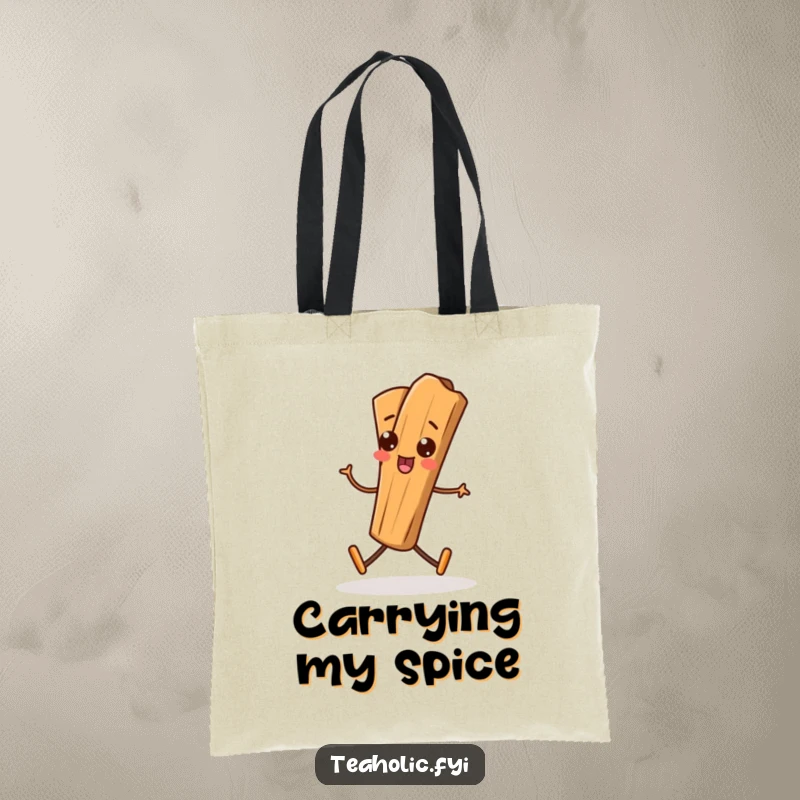 Funny Cinnamon Stick Tote Bag featuring a playful cinnamon stick character marching happily, perfect for carrying essentials with style.