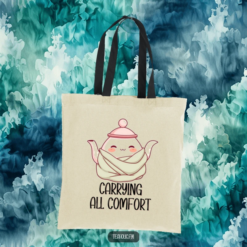 Funny cozy teapot tote bag featuring a contented teapot character wrapped in a blanket, ideal for carrying daily items in comfort and style.
