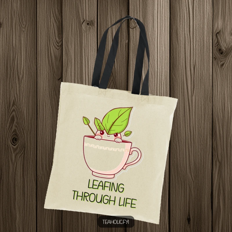 Funny tote bag with a curious tea leaf character peeking over a teacup rim, symbolizing curiosity and adventure.