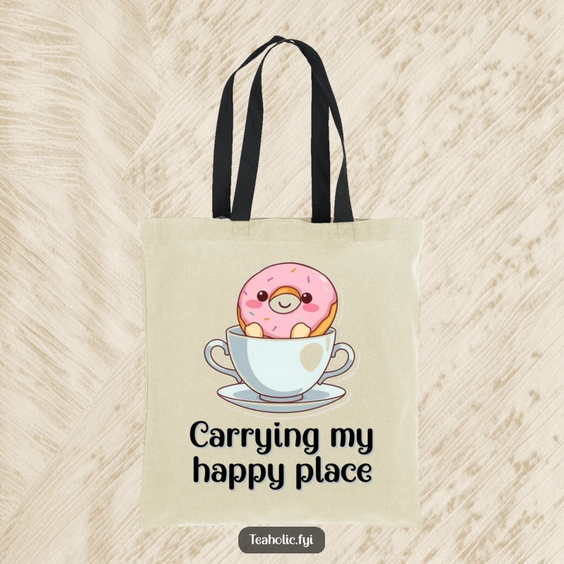 Funny donut character smiling in a teacup, a charming and humorous tote bag for everyday use.