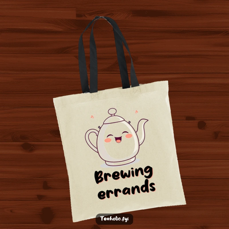 Funny tea kettle tote bag featuring a giggling kettle character whistling gleefully, perfect for carrying everyday items.