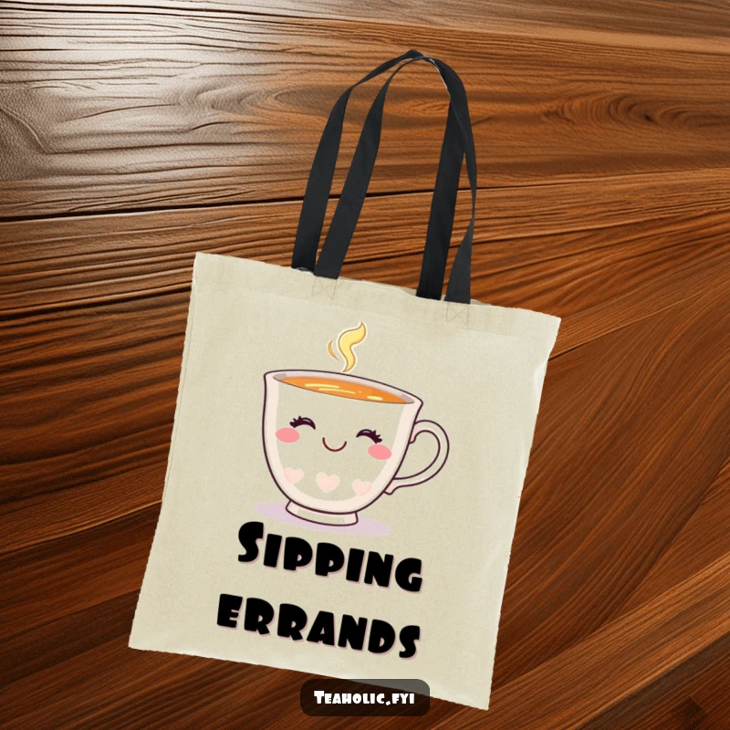 Funny teacup tote bag showcasing a happy teacup with a charming smile and a playful wink, great for everyday use.