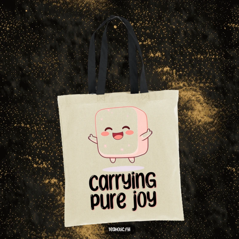 Funny tote bag featuring a jolly sugar cube bouncing with happiness, perfect for carrying treats and spreading sweet cheer.