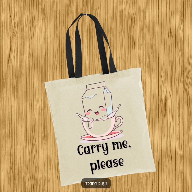 Funny tote bag showcasing a winking milk carton character playfully splashing into a teacup, great for carrying everyday items.