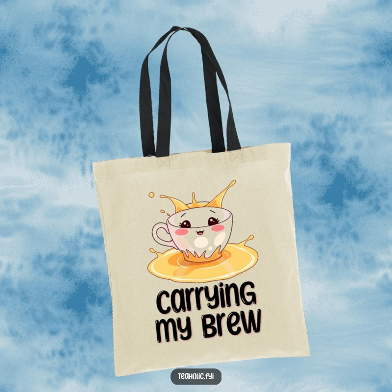 Funny tote bag with a teacup character splashing in tea, perfect for carrying essentials with a smile.