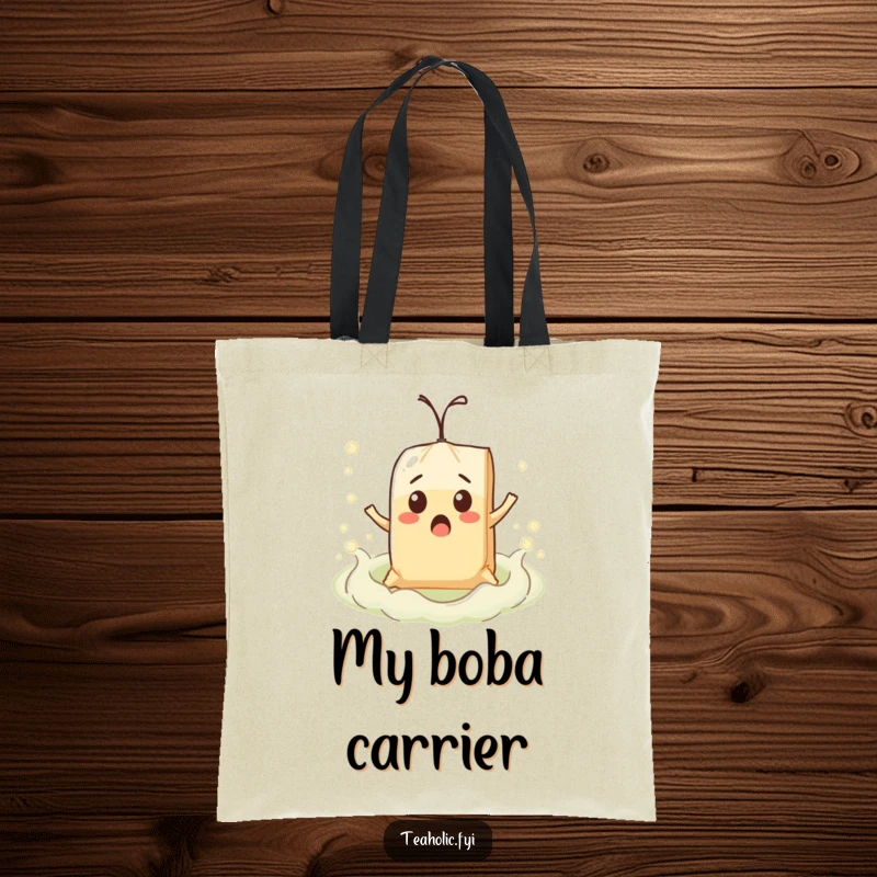 Funny surprised teabag character comically floating on a bubbly tea sea, depicted on a durable tote bag.