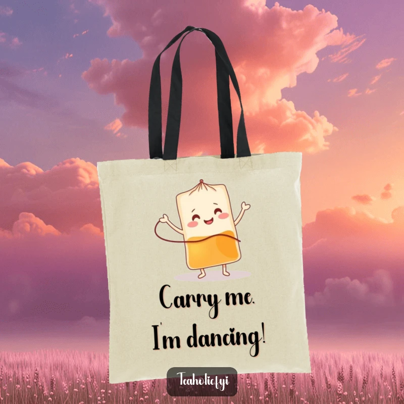 Funny tea bag tote bag featuring a smiling character doing a jig, perfect for errands and as a funny gift.