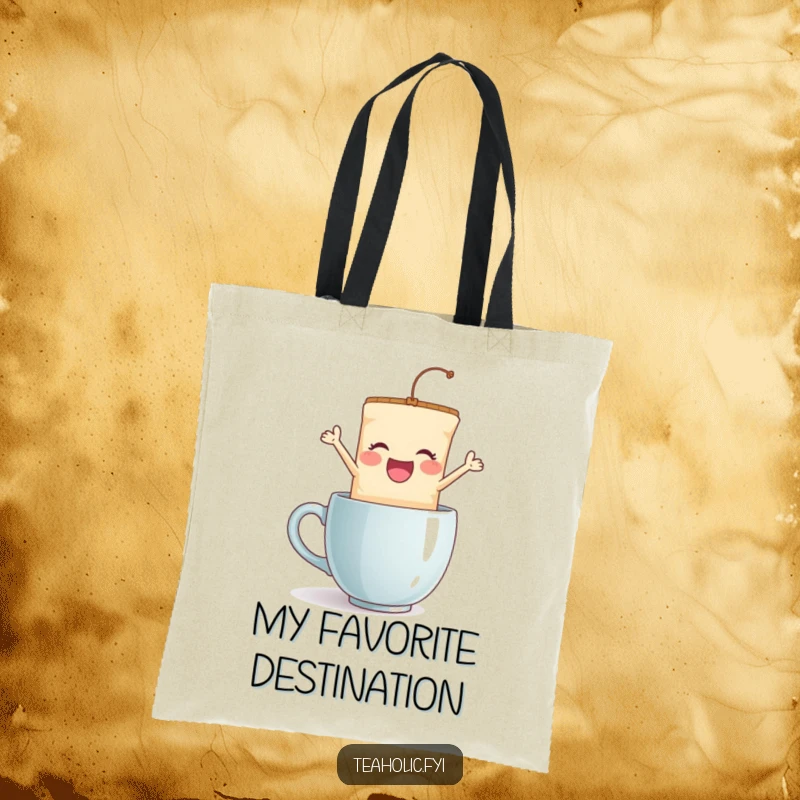 Funny tea bag jump tote bag, a delighted character joyfully leaping into a mug, perfect for shopping with a touch of humor.
