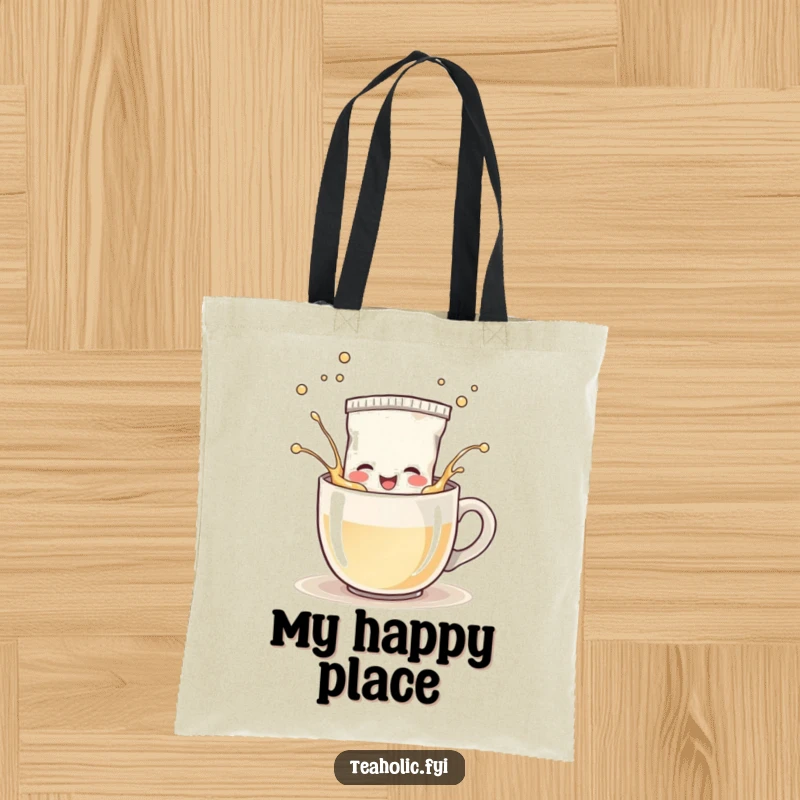 Funny Tote Bag: Happy tea bag character splashing playfully in a steaming mug, perfect for carrying essentials with joy.