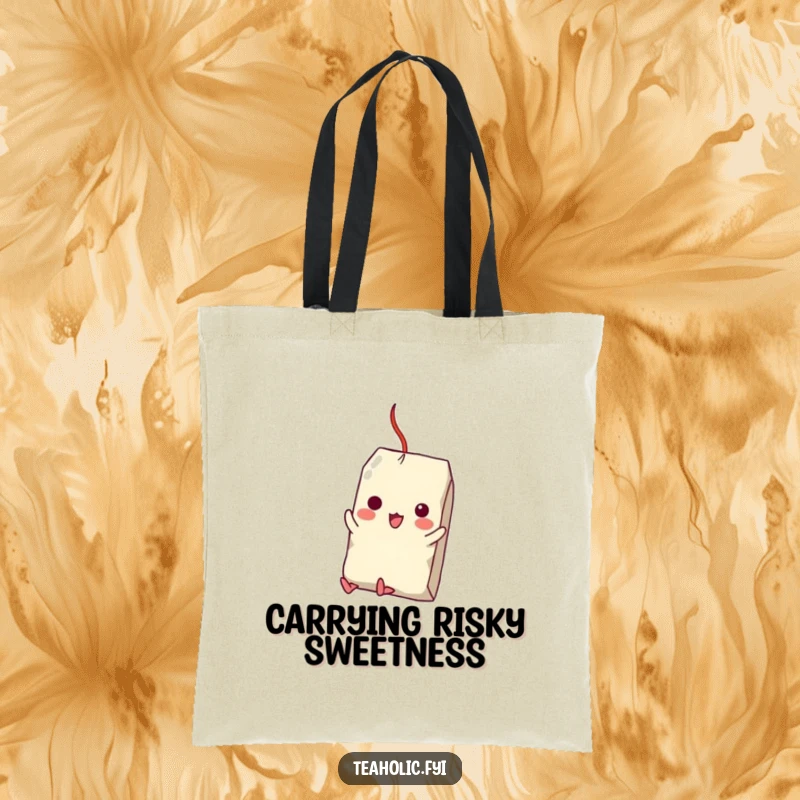 Funny tote bag design with a tea bag character in mid-swing from a sugar cube, ideal for carrying groceries and good vibes.