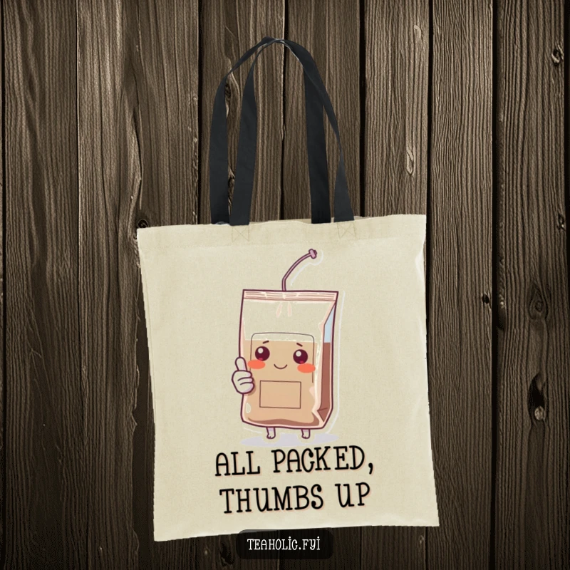 Funny tote bag with a joyful tea bag character giving a thumbs up, perfect for shopping with a smile.