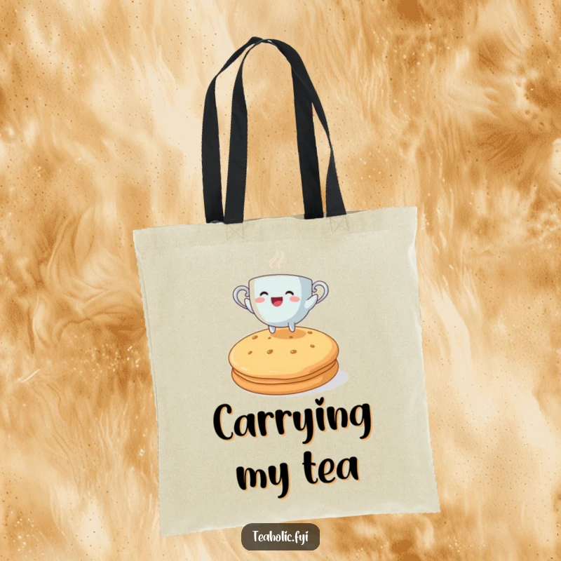 Funny teacup character joyfully leaping over a large biscuit, a comical tote bag for tea lovers.