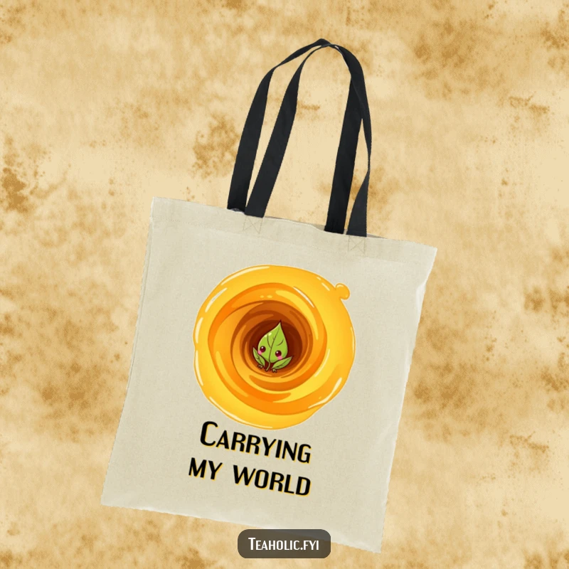 Funny Tote Bag: Curious tea leaf character peeking from a swirling vortex of tea, for carrying treasures.