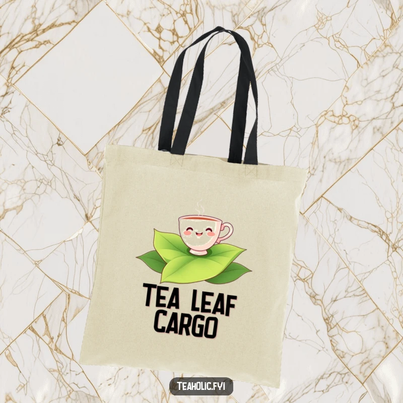 Funny teacup character joyfully floating on a large tea leaf, a humorous tote bag.