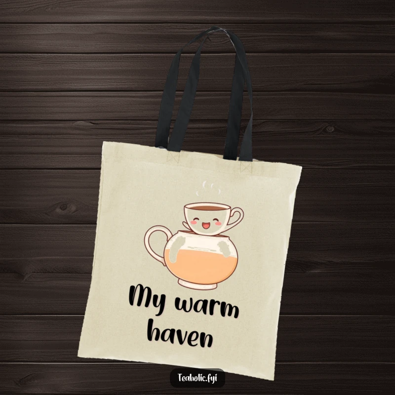 Funny tote bag with a cheerful teacup character jumping into a teapot, a whimsical and practical accessory for tea lovers.