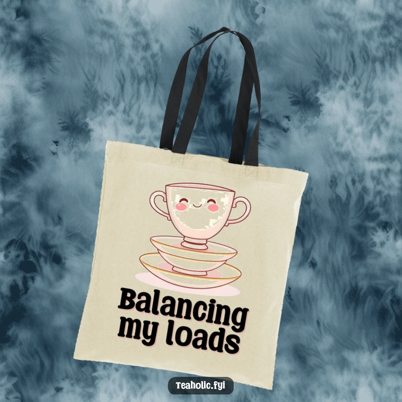 Funny Tote Bag: Cheerful teacup character balancing on delicate saucers, perfect for carrying essentials with flair.
