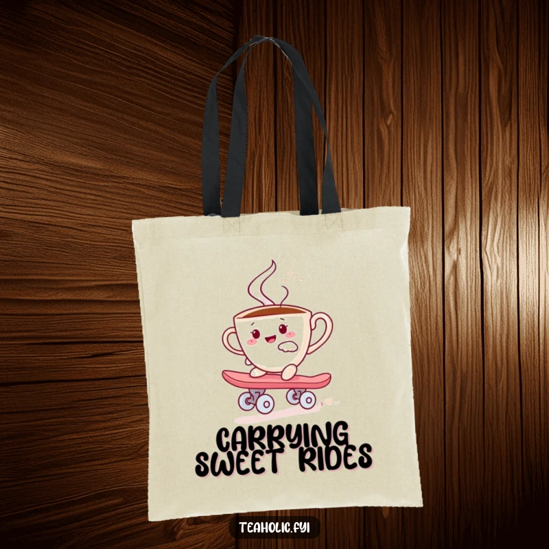 Funny tote bag featuring a steaming teacup character joyfully skateboarding on a sugar cube, perfect for a whimsical shopper.