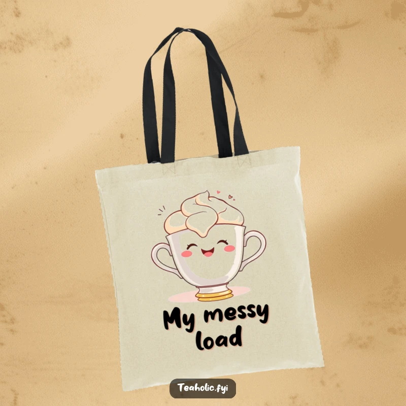 Funny tote bag with a gleeful teacup character smiling as it spills frothy tea, ideal for cheerful shoppers.