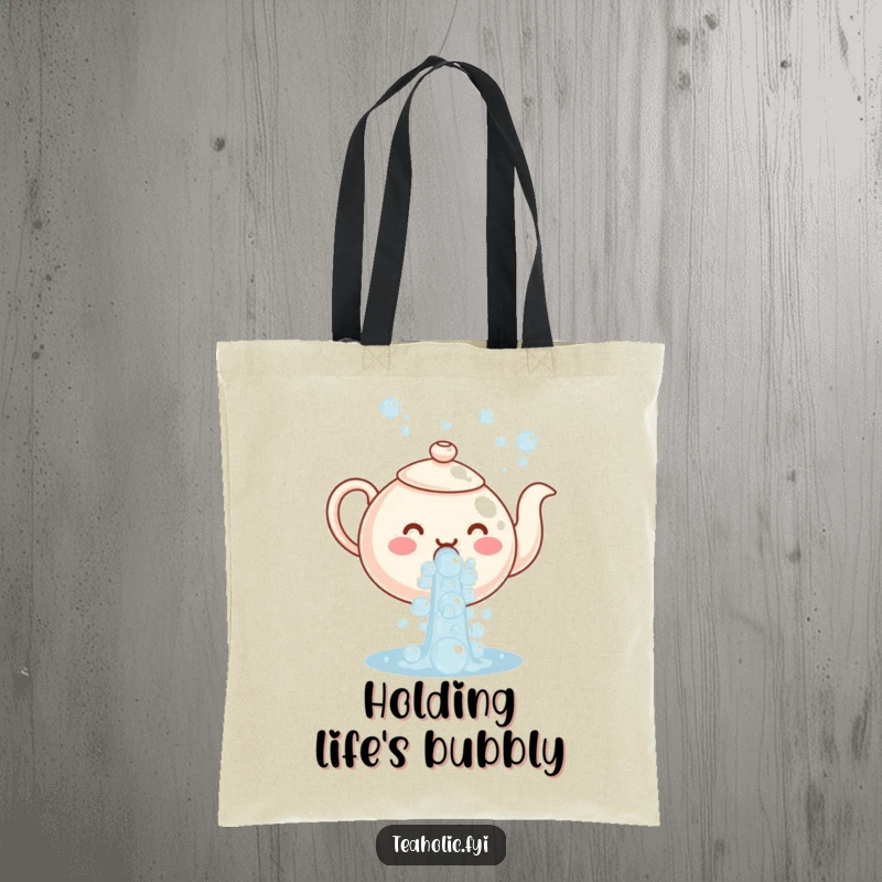 Funny tote bag illustrated with a teapot character cheerfully pouring a delightful cascade of bubbles, a charming and practical accessory.
