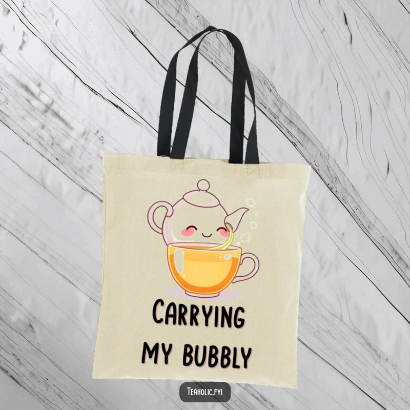 Funny tote bag featuring a giggling teapot character pouring tea bubbles, a cheerful and practical accessory for tea enthusiasts.