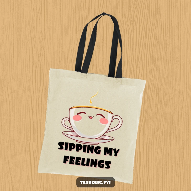 Funny thrilled teacup tote bag featuring a character blissfully sipping tea with closed eyes, perfect for carrying daily essentials with flair.
