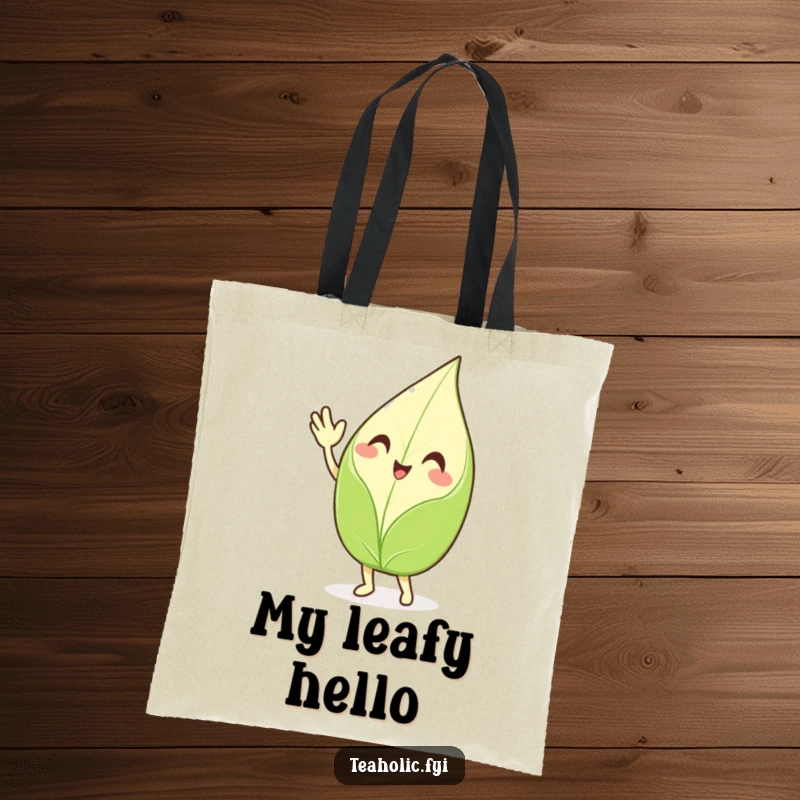 Funny waving tea leaf tote bag, a smiling character enthusiastically waving hello, perfect for shopping with a cheerful and humorous touch.