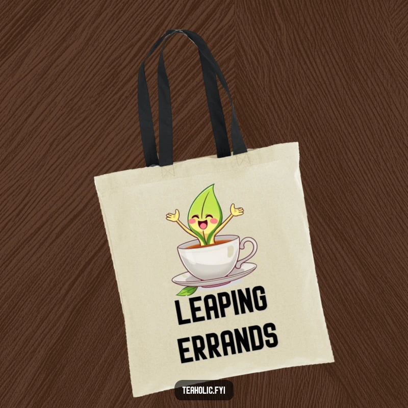 Funny tea leaf tote bag showcasing a joyful tea leaf character leaping dynamically from a teacup, ideal for carrying items.