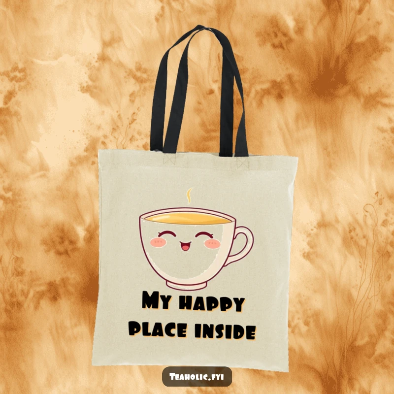 Funny teacup tote bag featuring a happy character taking a sip, great for groceries or as a funny gift.