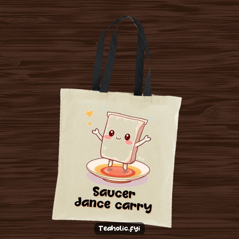 Funny kawaii tea bag character doing a happy dance on a saucer, a humorous tote bag.