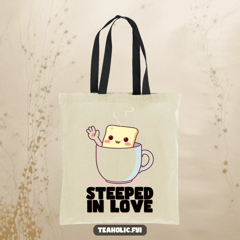 Funny tote bag with a kawaii tea bag character enthusiastically waving from inside a steaming mug.