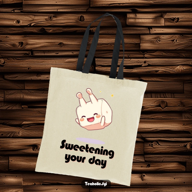 Funny sugar cube somersault tote bag, a giggling character performing a joyful flip, perfect for shopping with a sweet and humorous touch.
