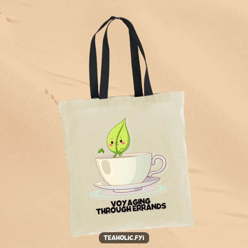 Funny tote bag with a smiling tea leaf character sailing a teacup like a boat, a useful funny gift.